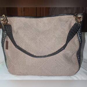 Bottega Veneta Vintage Beige Canvas and Black Perforated Leather Shoulder Bag